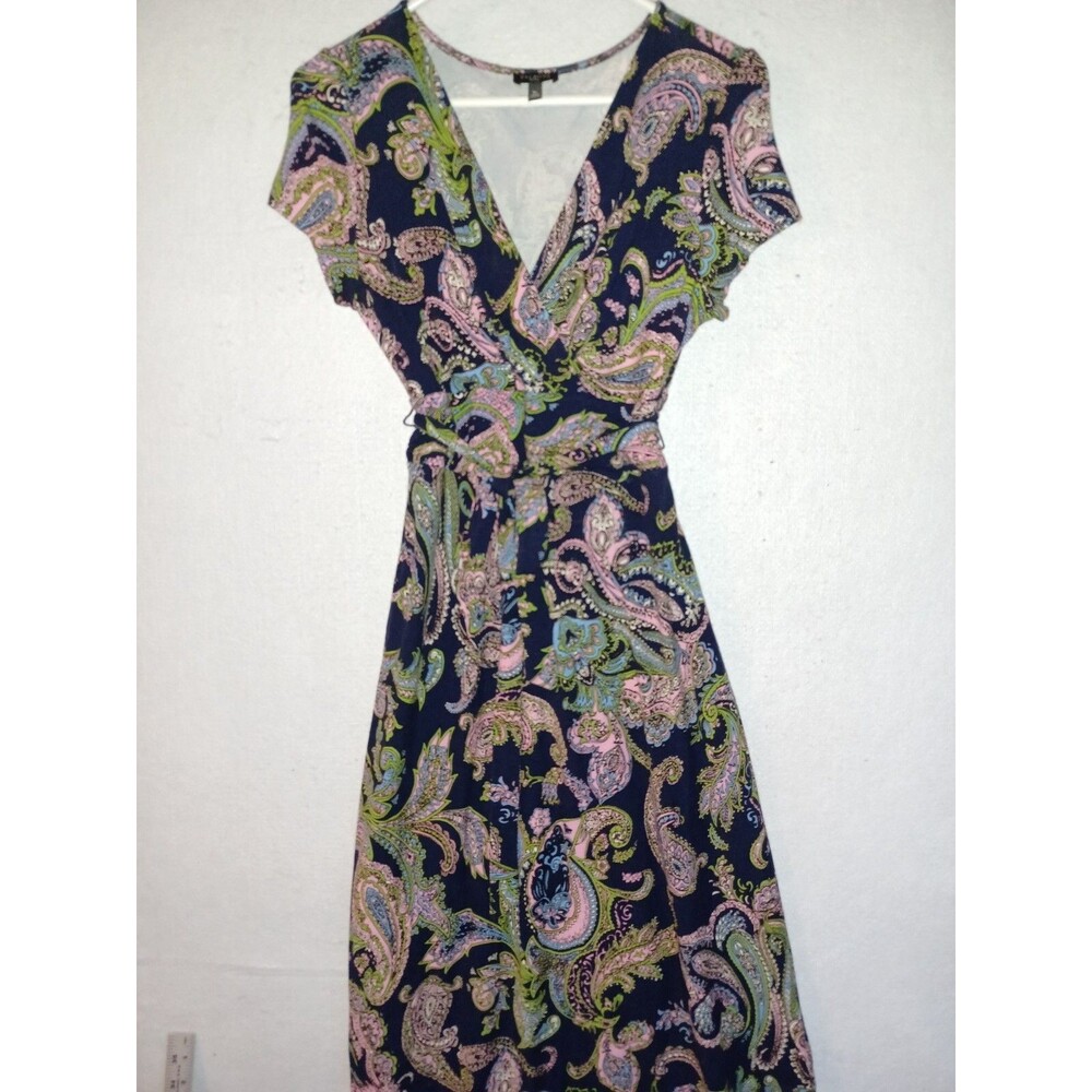 Talbots Women's Wrap Dress Paisley Size S Petite Navy blue Long Rayon Spandex